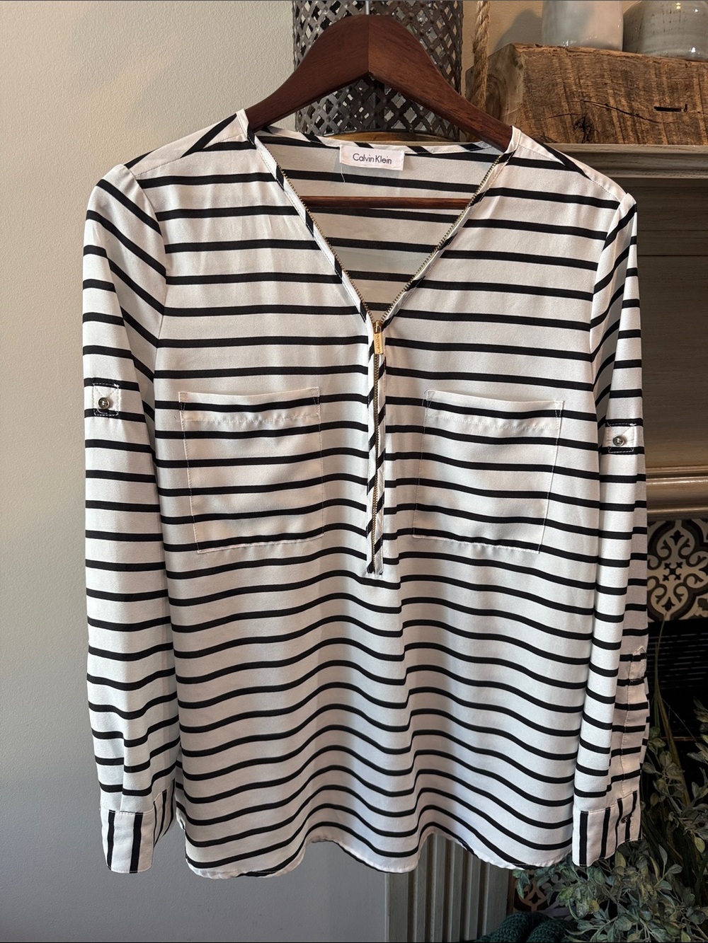 Calvin Klein Black and White Striped Zip Front Long Sleeve Top